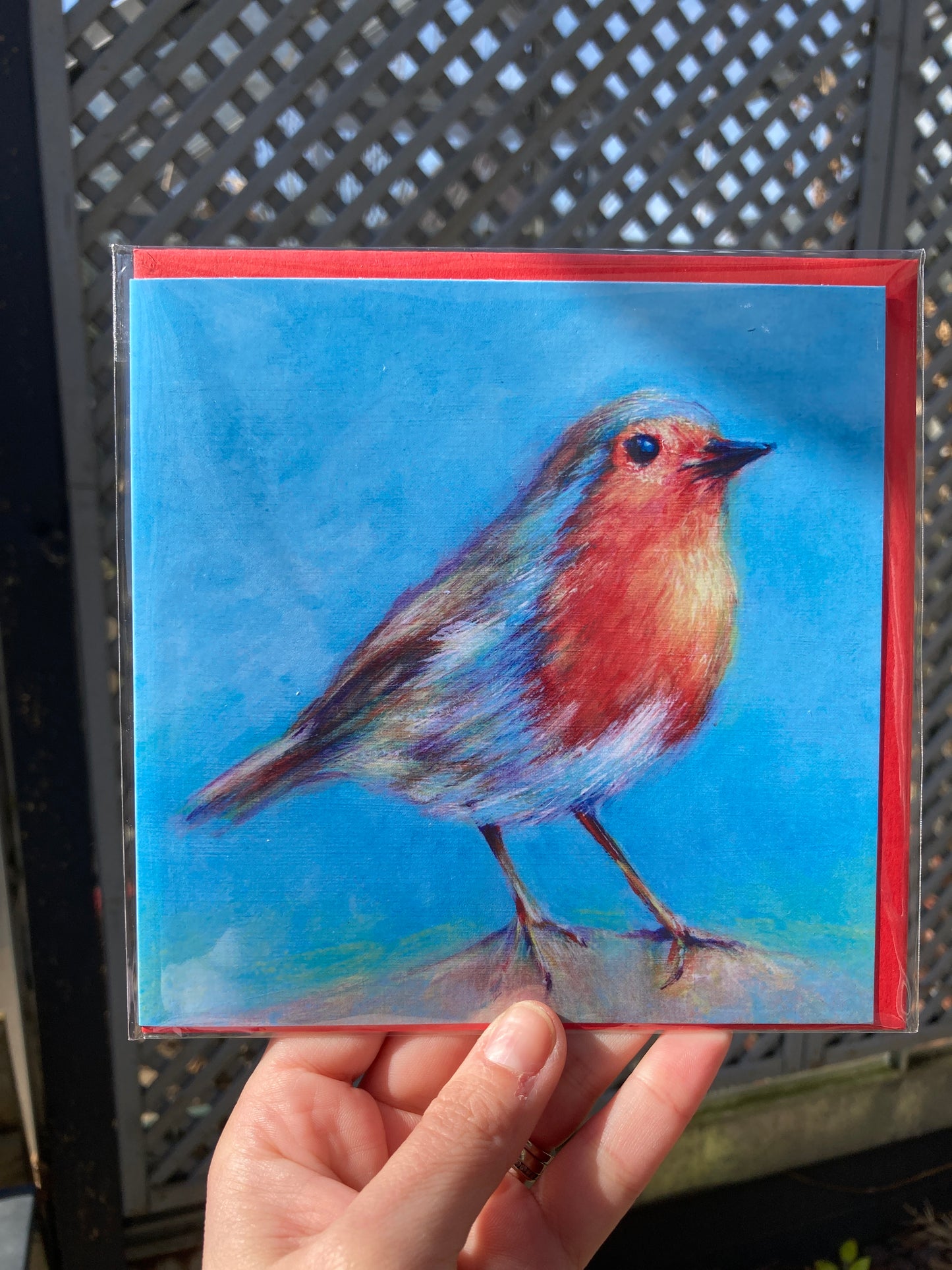 Robin on a log square greeting card