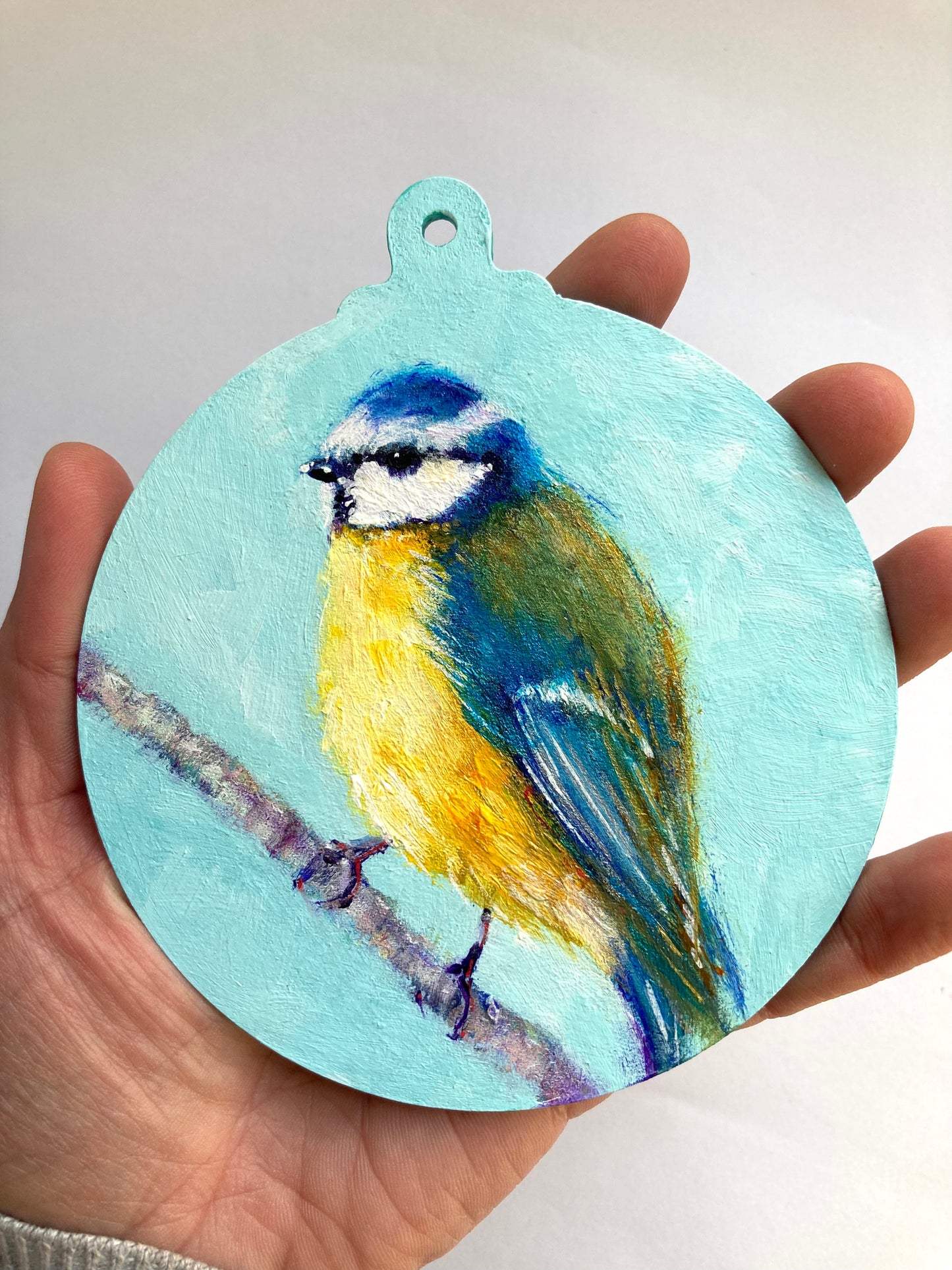 LARGE hand painted hanging decoration ( Blue Tit)