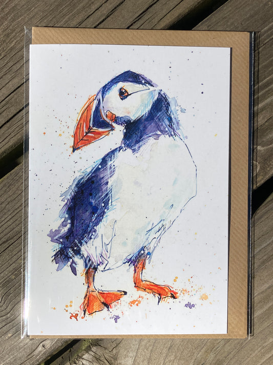 A6 Greetings card Puffin with Brown Kraft envelope