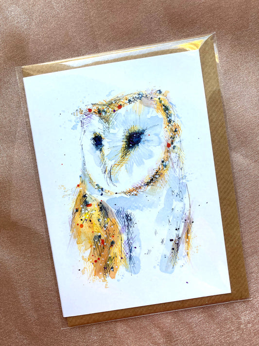 A6 Greetings card Owl with Brown Kraft envelope