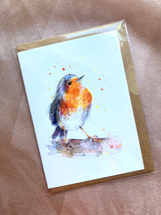 A6 Greetings card Robin with Brown Kraft envelope