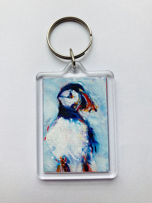 Tiny Puffin Hand painted Key ring