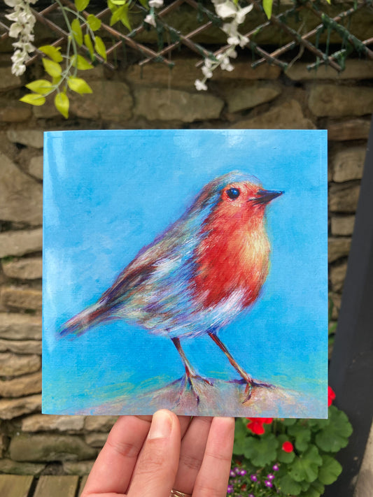 Robin on a log square greeting card